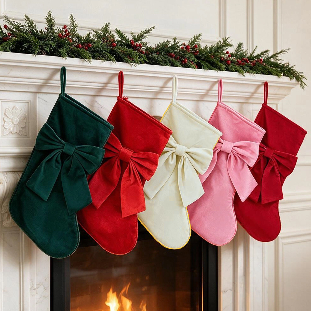 Christmas Stocking Hanging - 1 adet Noel Çorabı, Fiyonklu Hediye